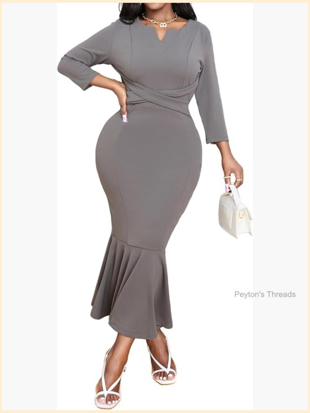 Mermaid Fishtail Dress with V-Neck and 3/4 Sleeve for Work and Parties